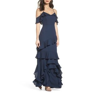 WAYF Danielle off the shoulder tiered ruffle navy blue maxi dress M worn once